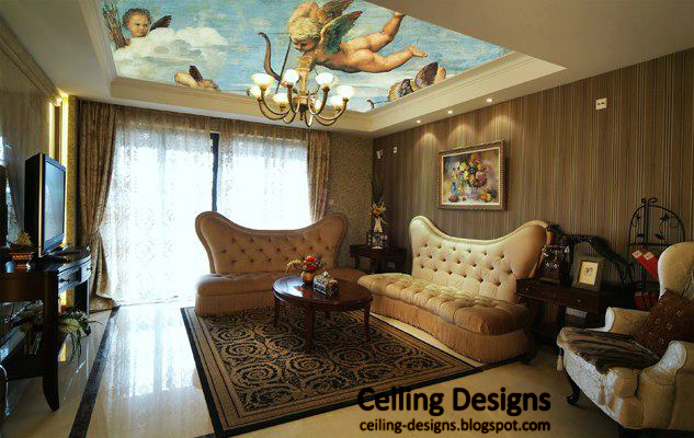tray ceiling from gypsum for living room with paintings