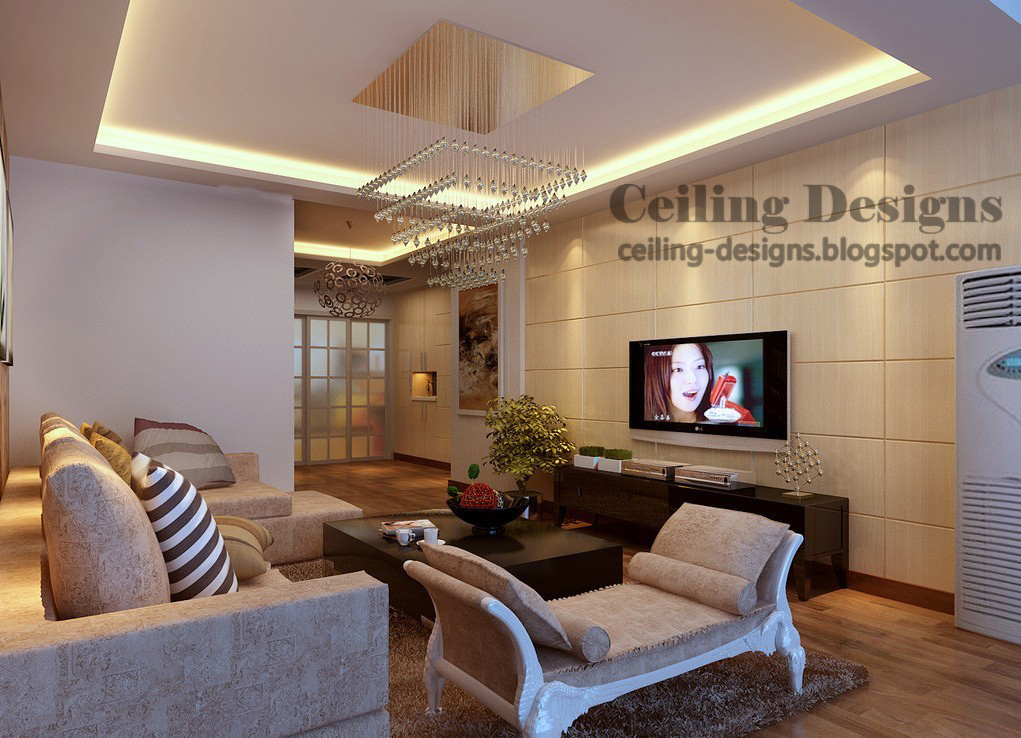 false ceiling designs for living room : hidden lighting, luxurious chandelier
