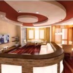 red false ceiling design for living room made of gypsum