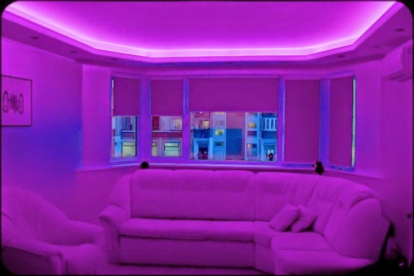 gypsum false ceiling designs for living room with purple LED ceiling lights
