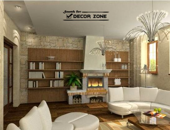 modern living room furniture - white sofas - bookshelves
