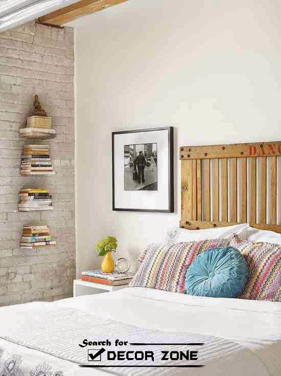 small bedroom furniture ideas - hanged shelves beside bed