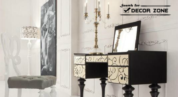 black dressing table with mirror with white decorations