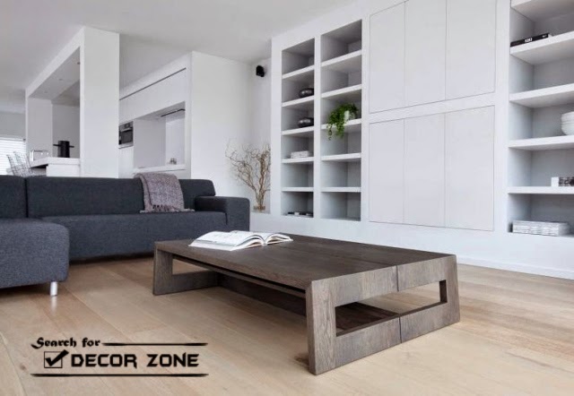 large solid wood coffee table in modern living room