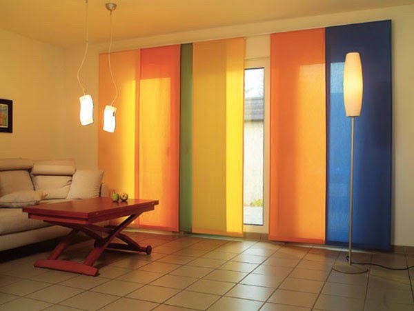 Japanese curtains for living room in orange, blue, green color combination