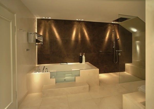 bathroom lighting ideas - ceiling spotlights on the wall beside bath