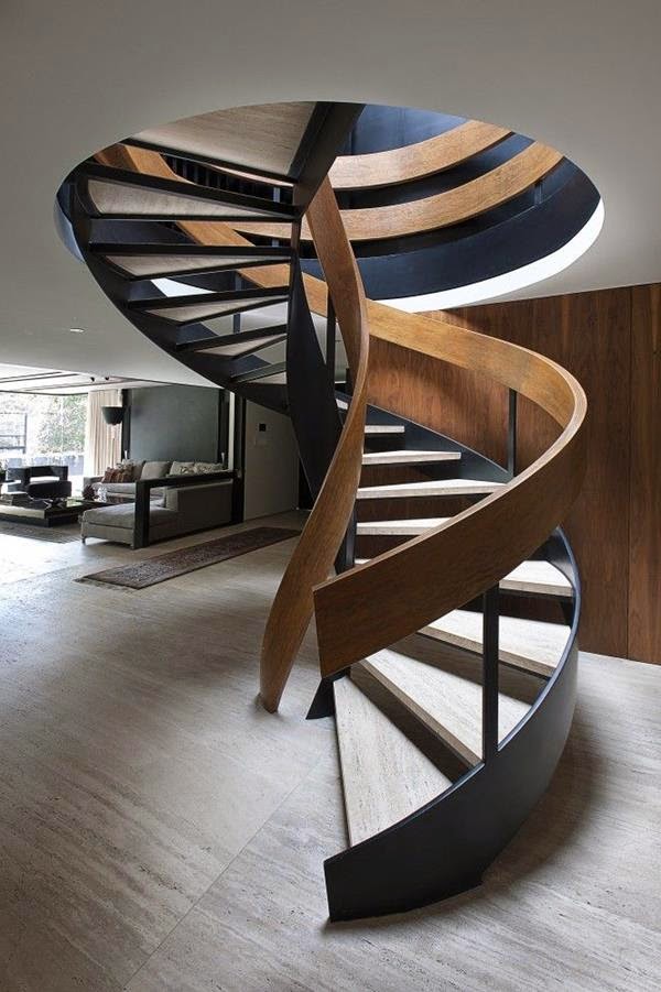 spiral staircase design with wooden stair railing