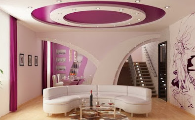 Round false ceiling design for living room made of gypsum with multi-level lighting.